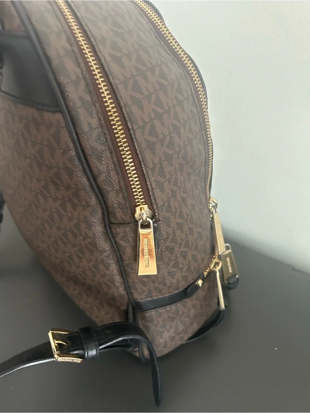 Michael Kors Jaycee Brown MK Signature Logo Backpack Gold Hardware Travel Bag